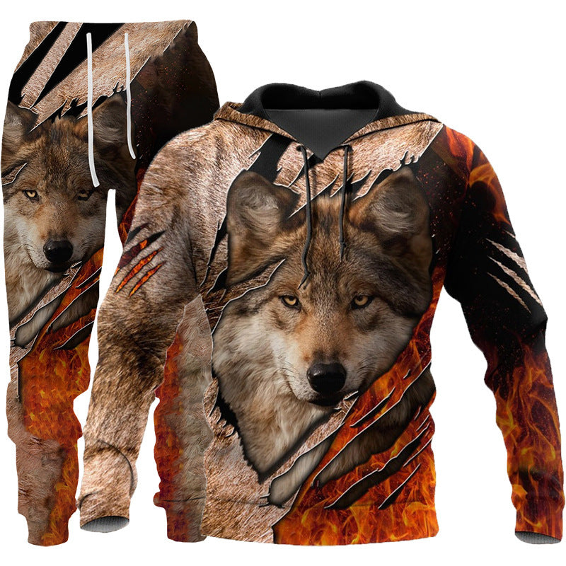 Chándal con estampado de lobo en 3D para hombre, ropa deportiva con capucha, conjunto de dos piezas para correr al aire libre, fitness, para hombre