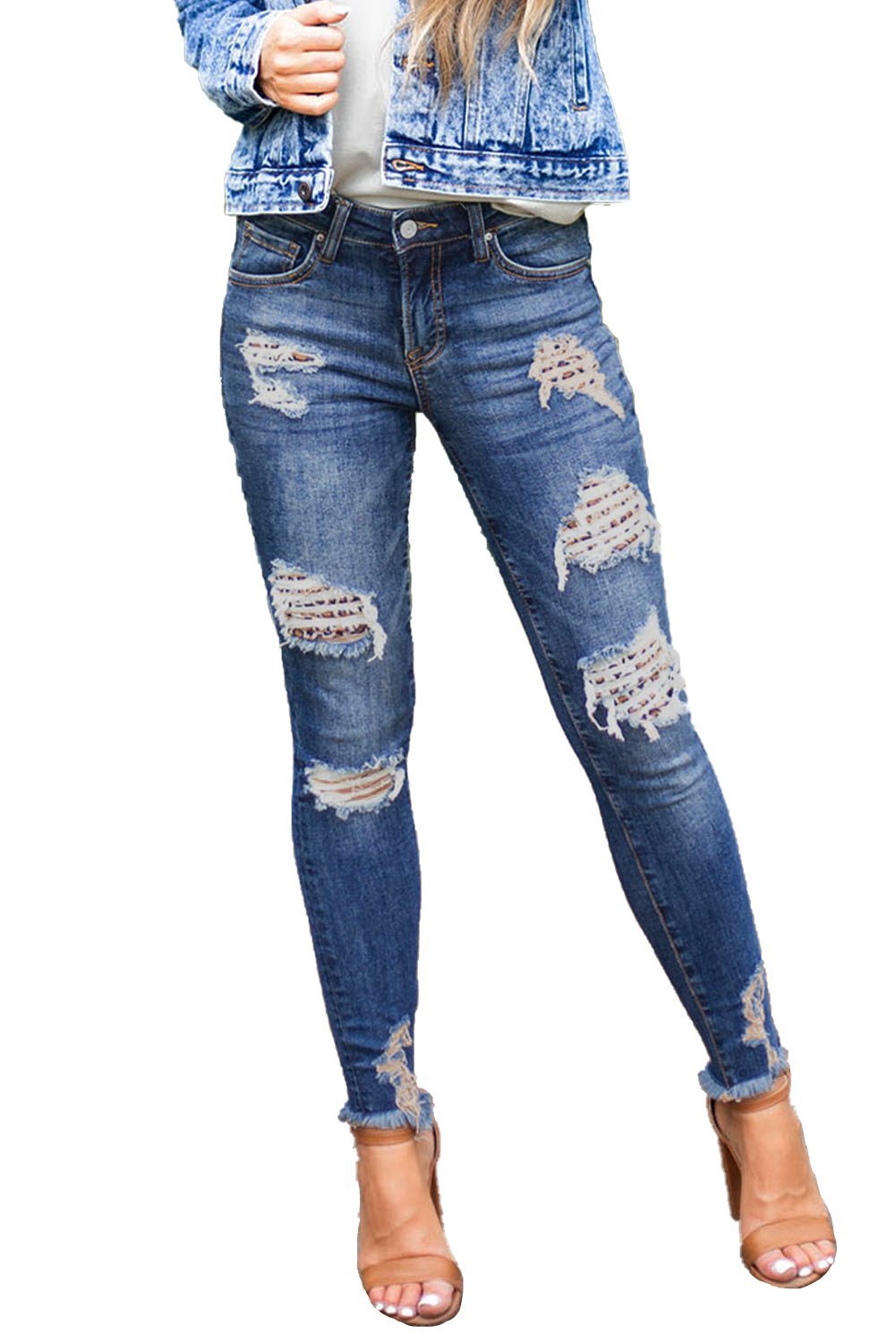 Dunkelblaue Skinny-Jeans im Distressed-Waschung-Look für Damen