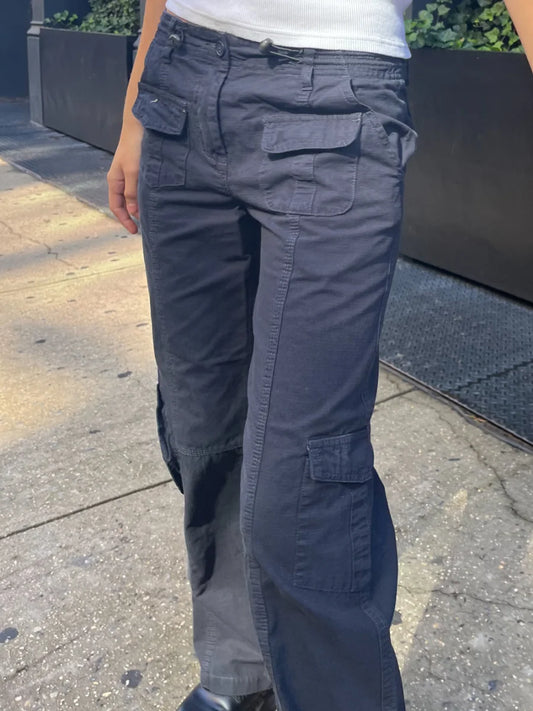 Pantalones cargo azul marino con bolsillo y cordón para mujer, pantalones rectos de cintura alta elásticos sólidos para las cuatro estaciones, pantalones de estilo retro Y2k 