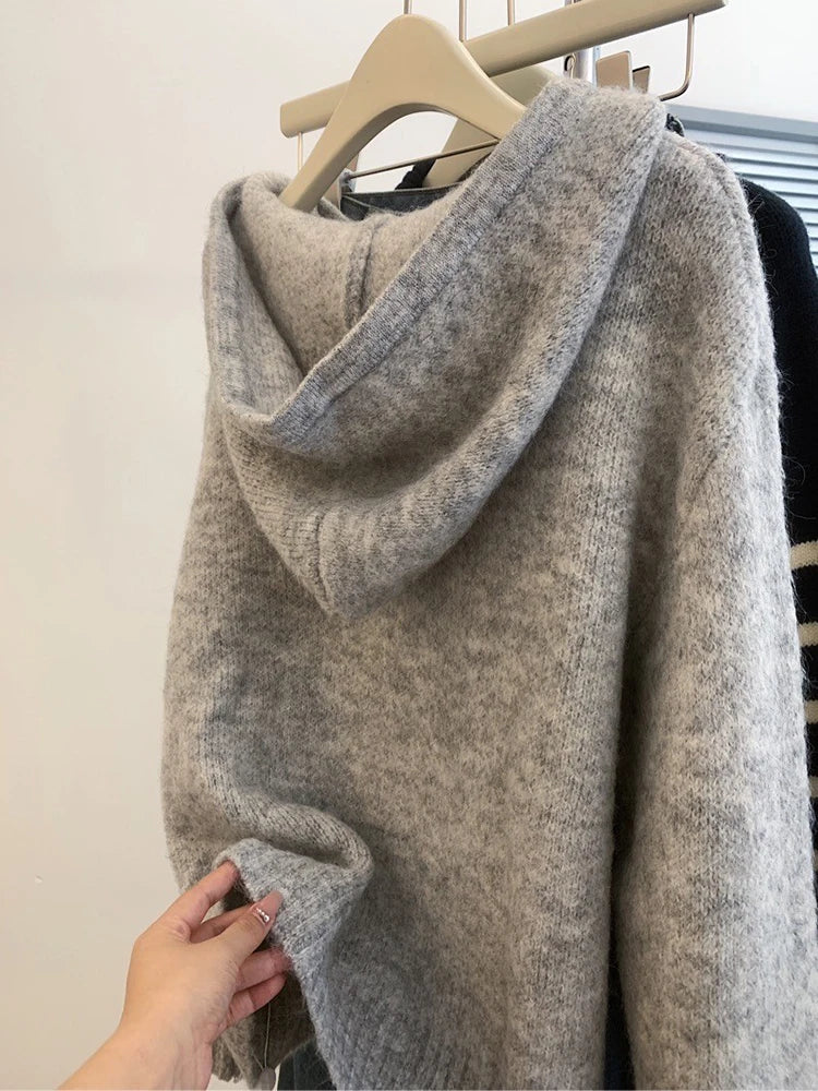 Suéter de punto con capucha para mujer, nuevo jersey de otoño e invierno, estilo informal, holgado, versátil, de manga larga 