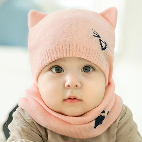 Set Warm Baby Hat Scarf Knitted Protect Ear Baby Boys Girls Hat Winter Beanie Scarves Suits Cartoon Cat Newborn