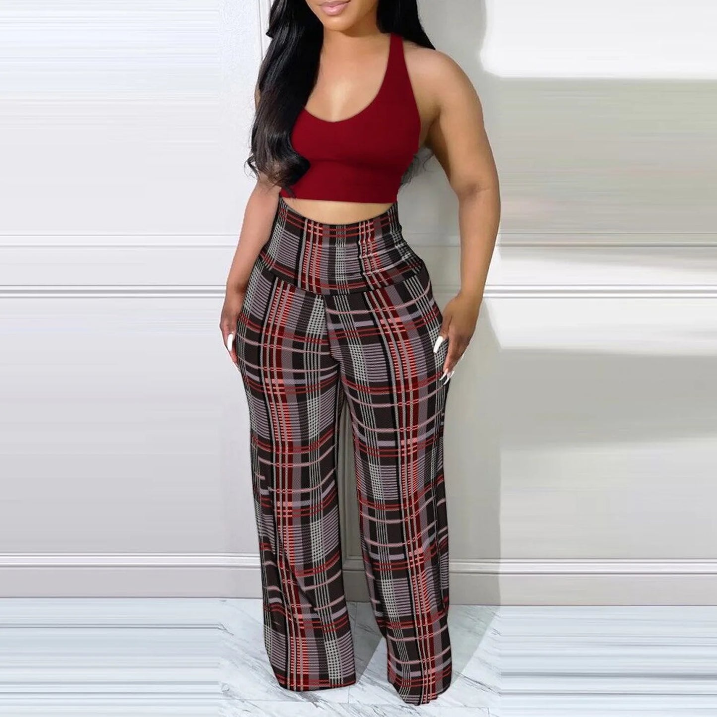 Damenhosen 2022 Herbstmode Plaid Print Lässige hohe Taille Tägliche lange Hosen 