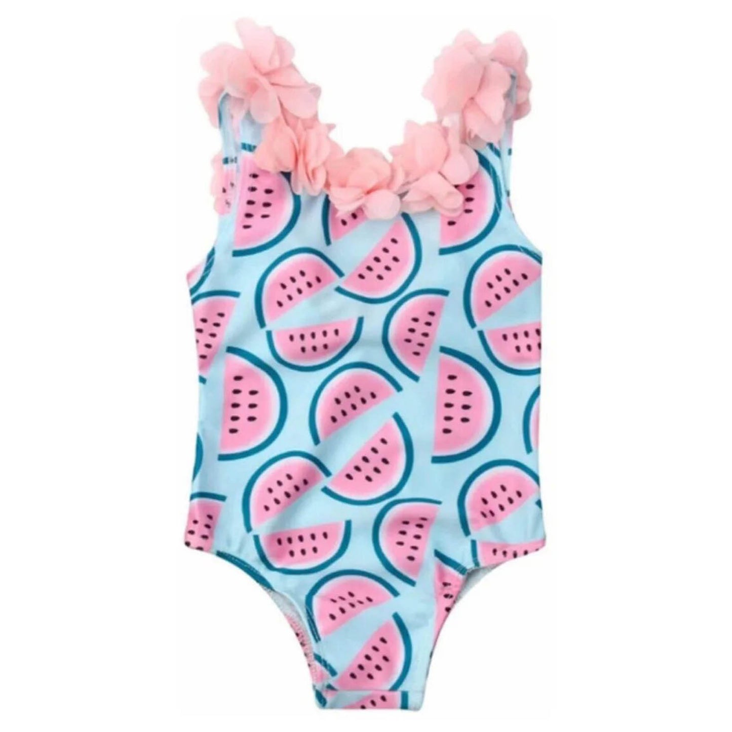 Kids Swimwear Watermelon Print with 3D Flowers Decor One Piece Girl's Bathing Suit for Beach Pink and Blue 110cm/43.3in