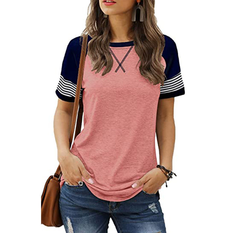 Camiseta casual de mujer de manga corta con costuras descoloridas