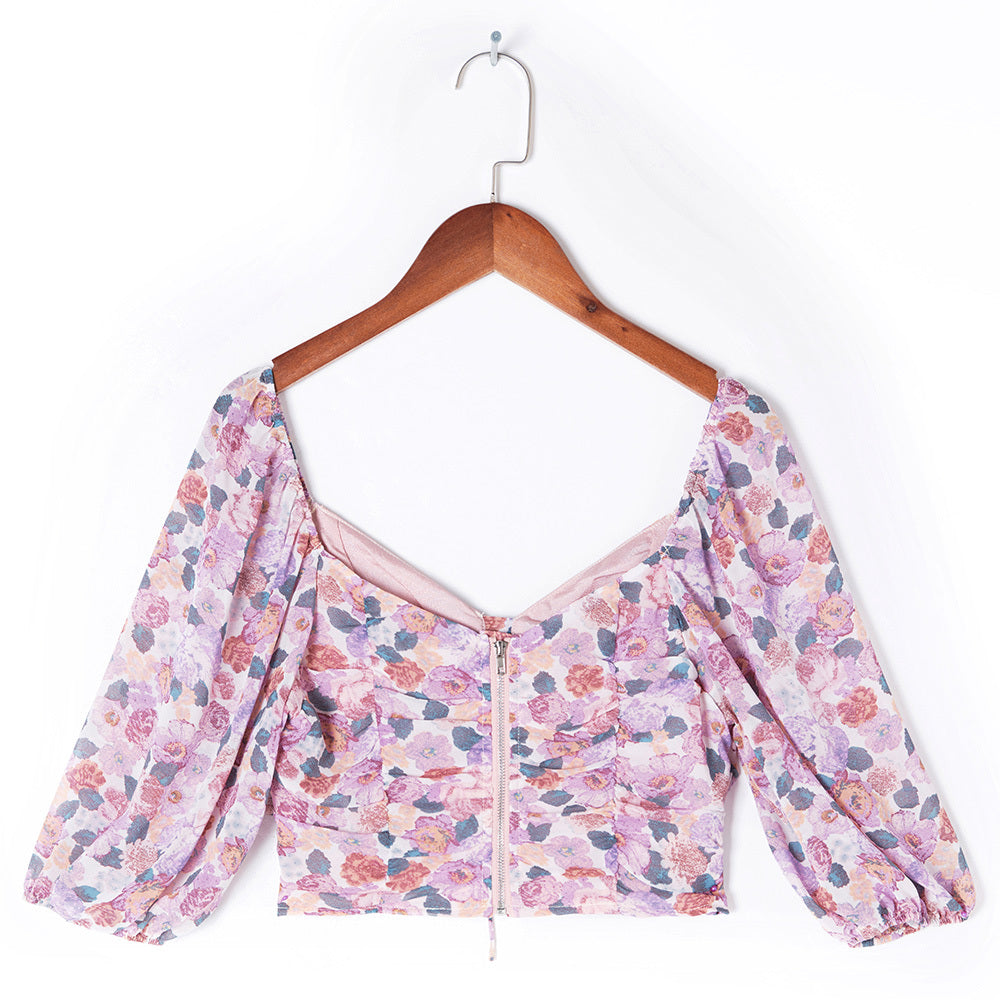 Blusa corta plisada con escote cuadrado para mujer