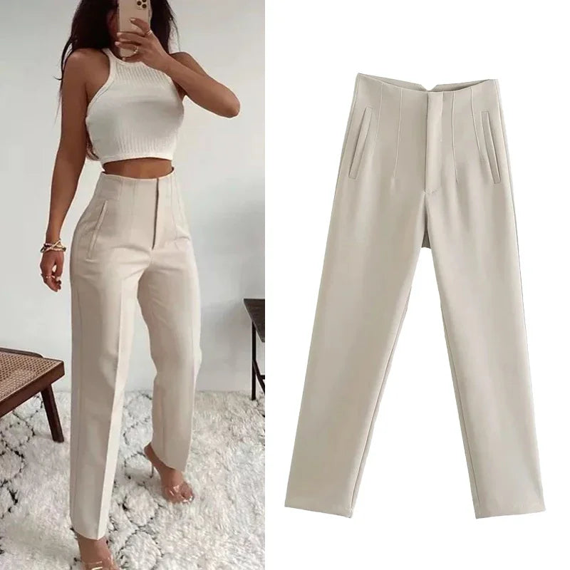 TRAF Fashion Office Wear Pantalones de cintura alta para mujer Pantalones formales Trajes de oficina Pantalones tubo Pantalones negros, rosas y blancos para mujer 