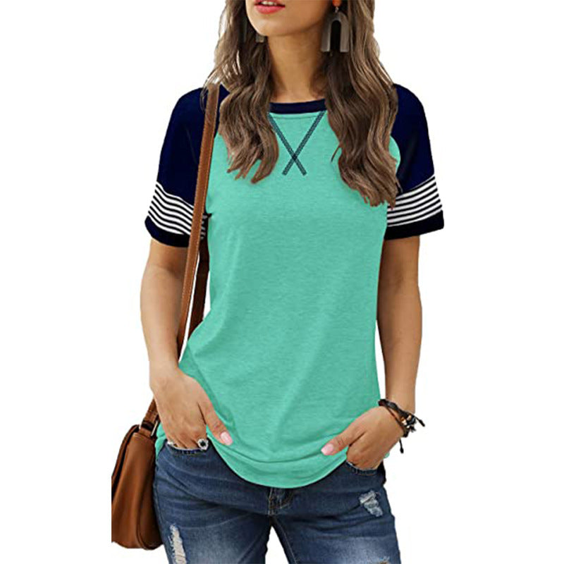 Camiseta casual de mujer de manga corta con costuras descoloridas