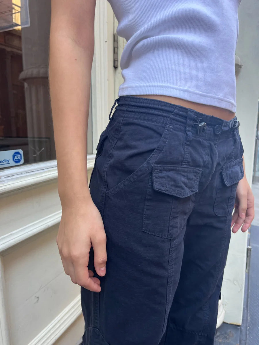 Cargohose mit Kordelzug in Marineblau für Damen, vier Jahreszeiten, einfarbig, hohe Taille, gerade Hose, Retro-Streetwear, Y2k-Hose 