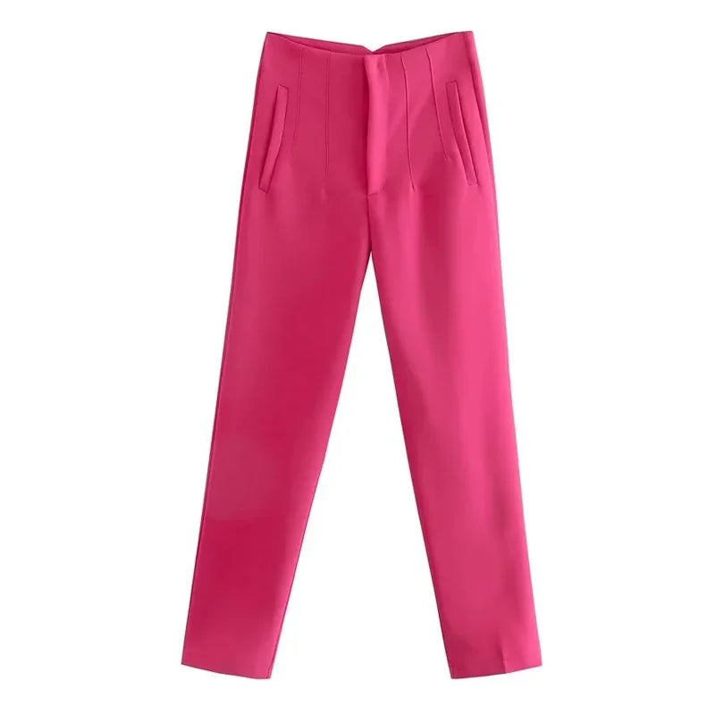 TRAF Fashion Office Wear Pantalones de cintura alta para mujer Pantalones formales Trajes de oficina Pantalones tubo Pantalones negros, rosas y blancos para mujer 