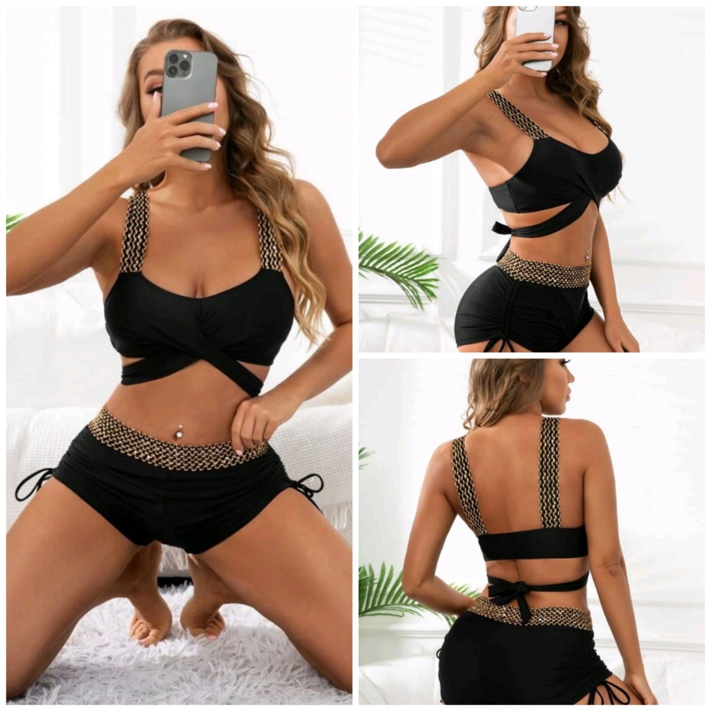 Einfarbiger Bikini mit hoher Taille für Damen