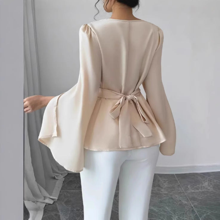 Women's Satin Flare Sleeve Waist Trimming Shirt