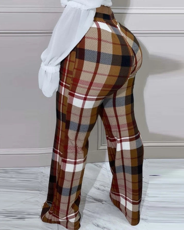 Damenhosen 2022 Herbstmode Plaid Print Lässige hohe Taille Tägliche lange Hosen 