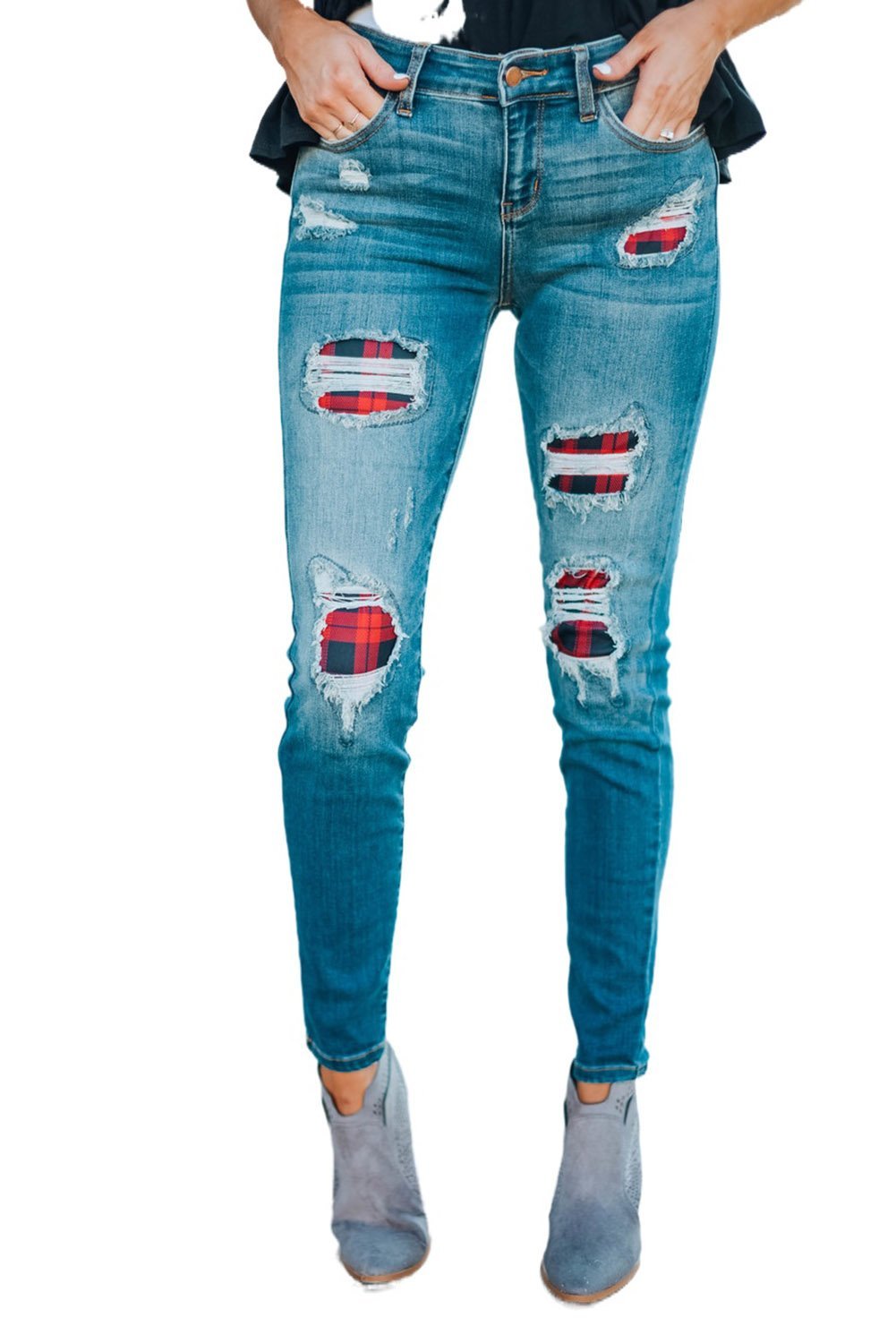 Damenmode Rote karierte Patch Destroyed Skinny Jeans