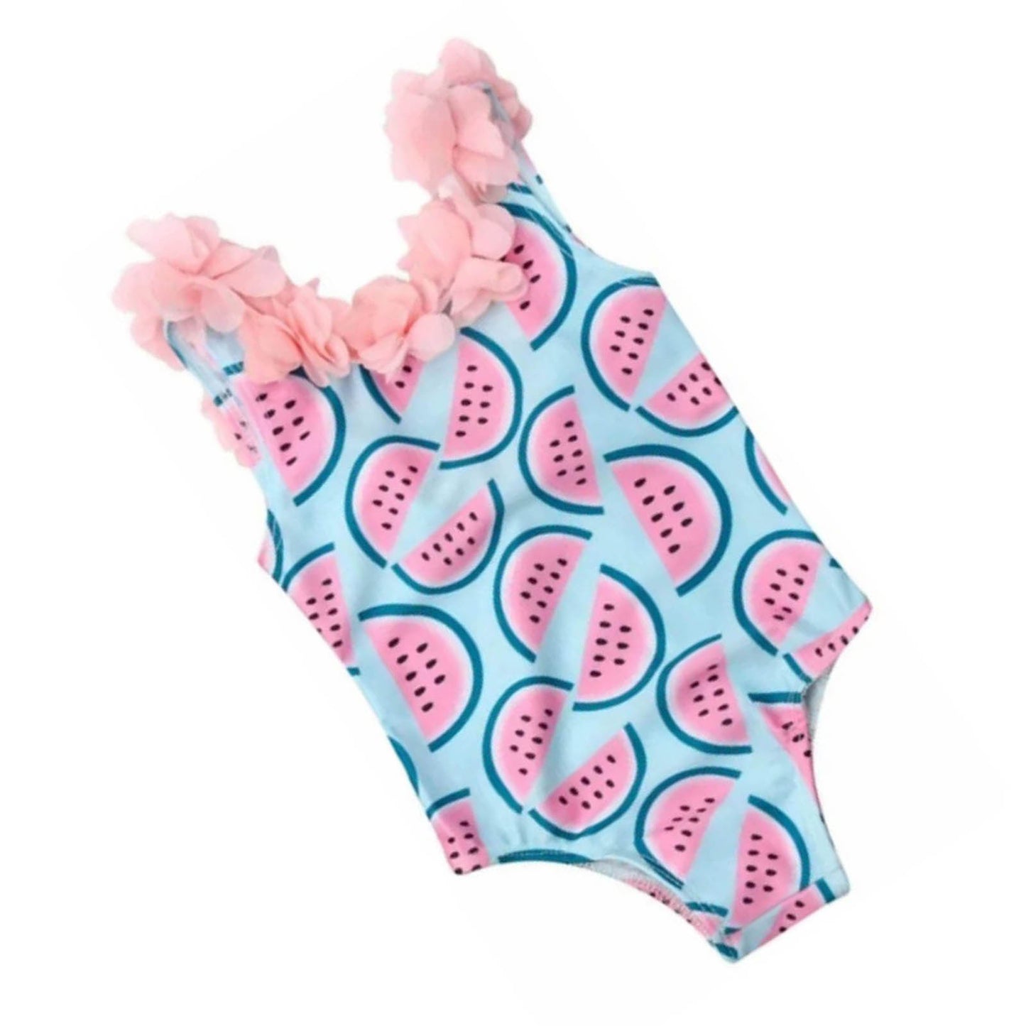 Traje de baño para niños con estampado de sandía y decoración de flores en 3D, traje de baño de una pieza para niña para playa, rosa y azul, 110 cm/43,3 pulgadas