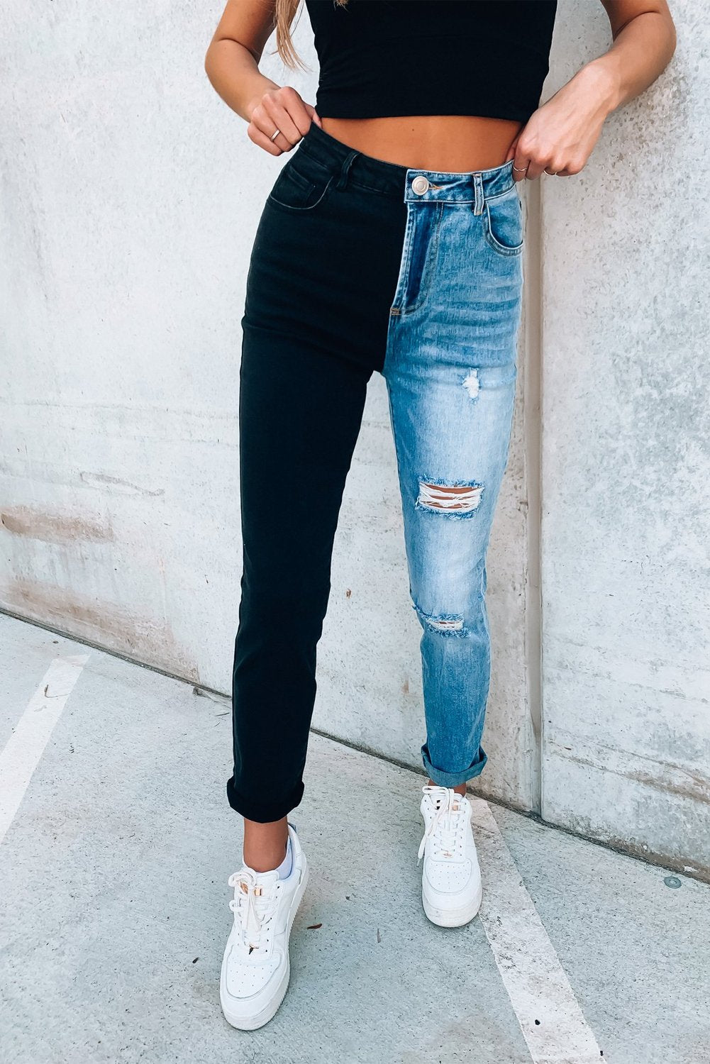 Skinny-Jeans im Colorblock-Look mit Used-Look