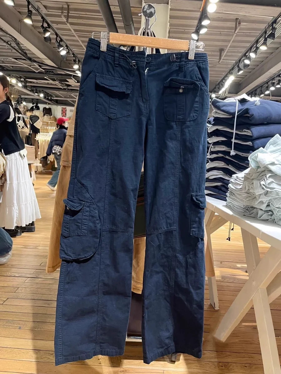 Pantalones cargo azul marino con bolsillo y cordón para mujer, pantalones rectos de cintura alta elásticos sólidos para las cuatro estaciones, pantalones de estilo retro Y2k 