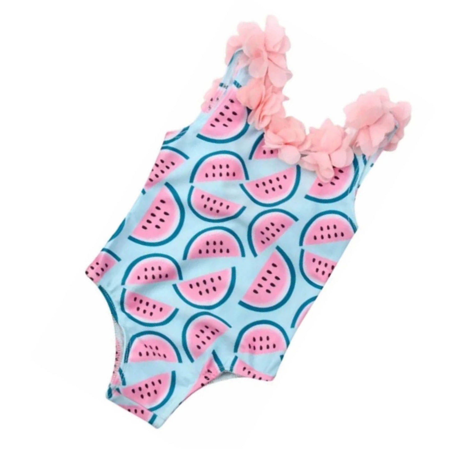 Traje de baño para niños con estampado de sandía y decoración de flores en 3D, traje de baño de una pieza para niña para playa, rosa y azul, 110 cm/43,3 pulgadas