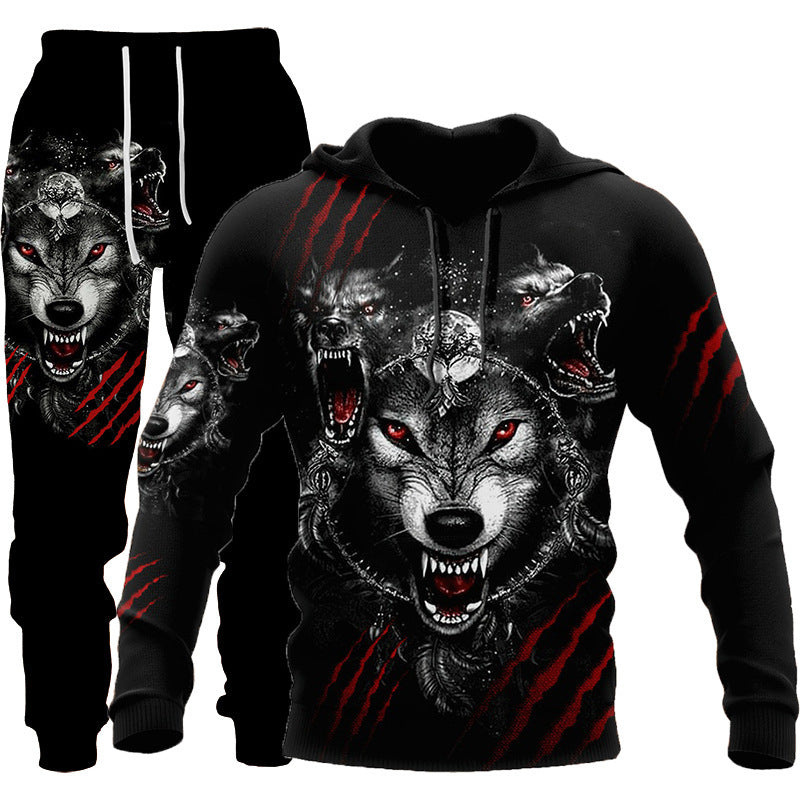 Chándal con estampado de lobo en 3D para hombre, ropa deportiva con capucha, conjunto de dos piezas para correr al aire libre, fitness, para hombre