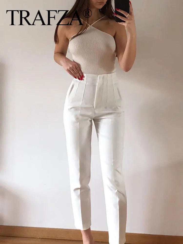 TRAFZA Elegante, einfarbige Bleistifthose für Damen mit hoher Taille, lässige Streetwear, Damenhose, Bürokleidung, schicke Hose 