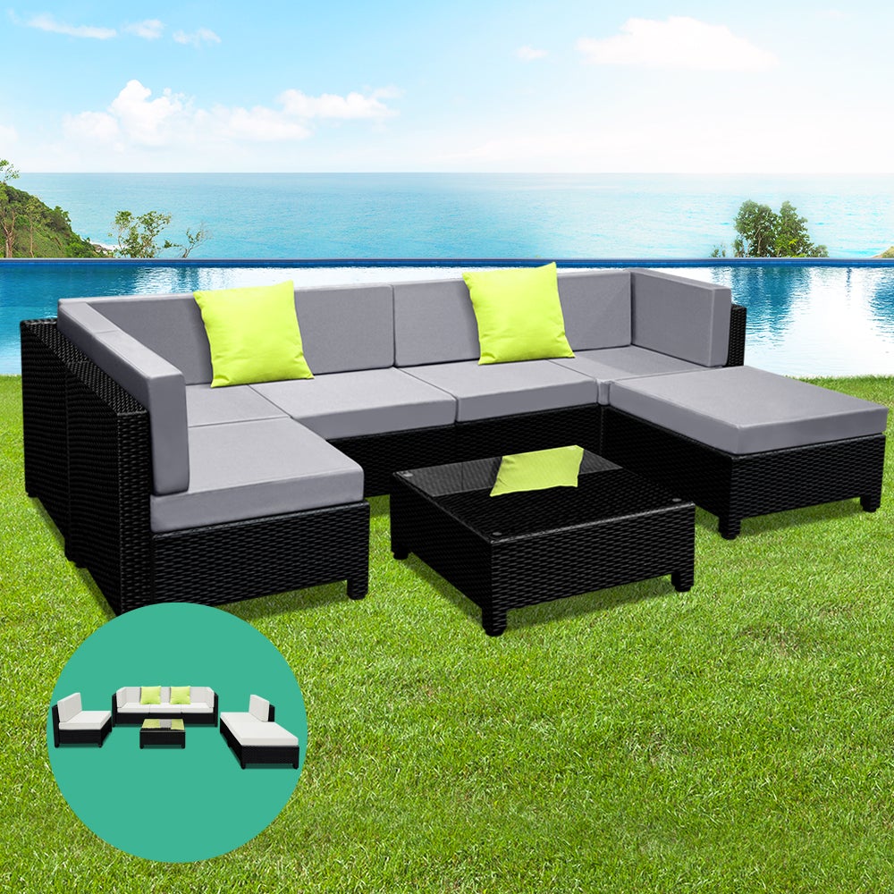 Gardeon 7-teiliges Sofa-Set, Gartenmöbel, Lounge-Set, Korbsofas