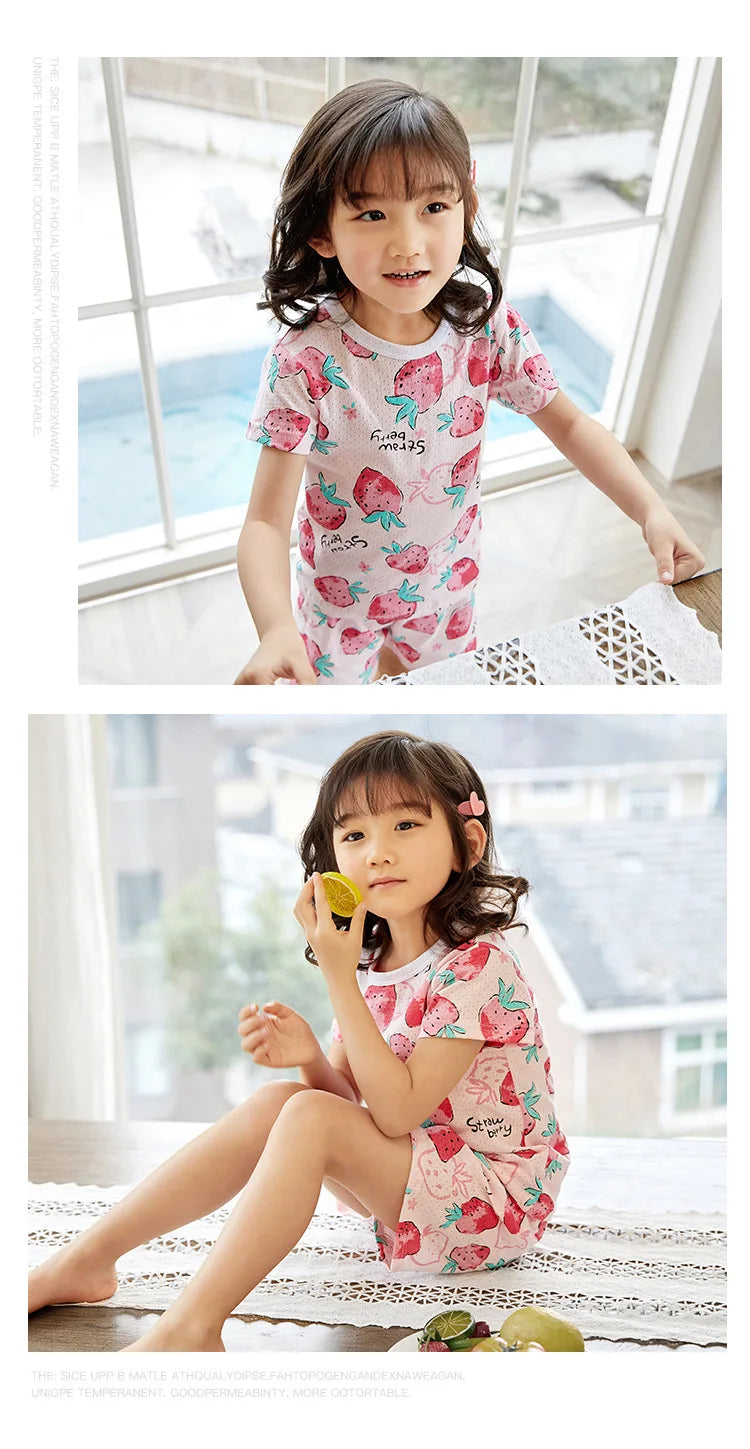 4 6 8 10Years Child Boy Girl Pajamas Cotton Sleepwear Tops Pants Clothing Sets for Teens Girl Strawberry Pyjama Kids Cat Pijamas