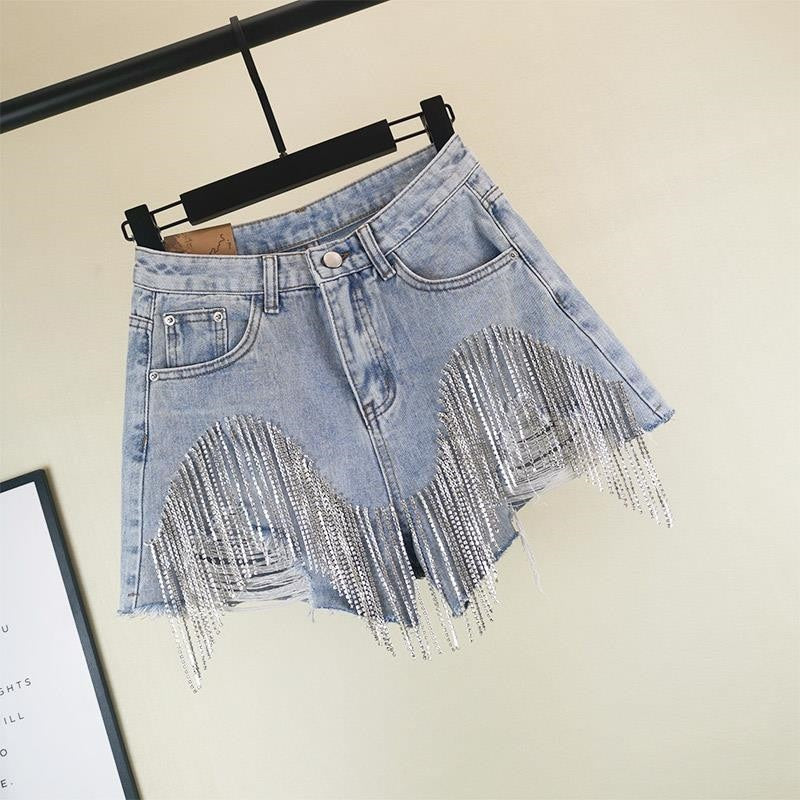 Women luxurious Tassel Rhinestone Fringed Hole Jeans Shorts Female