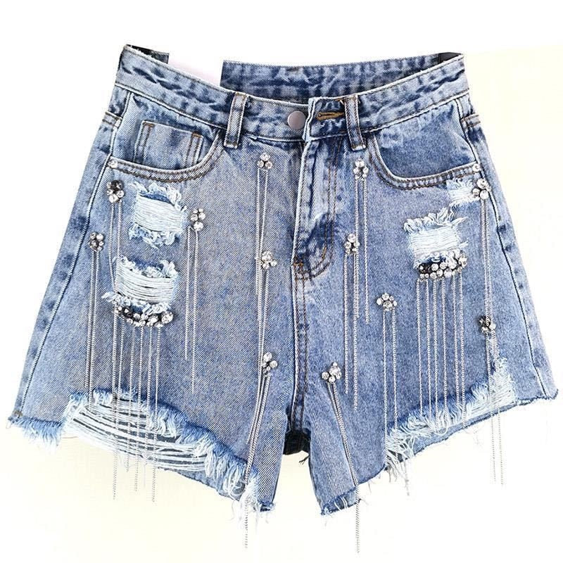 Women luxurious Tassel Rhinestone Fringed Hole Jeans Shorts Female