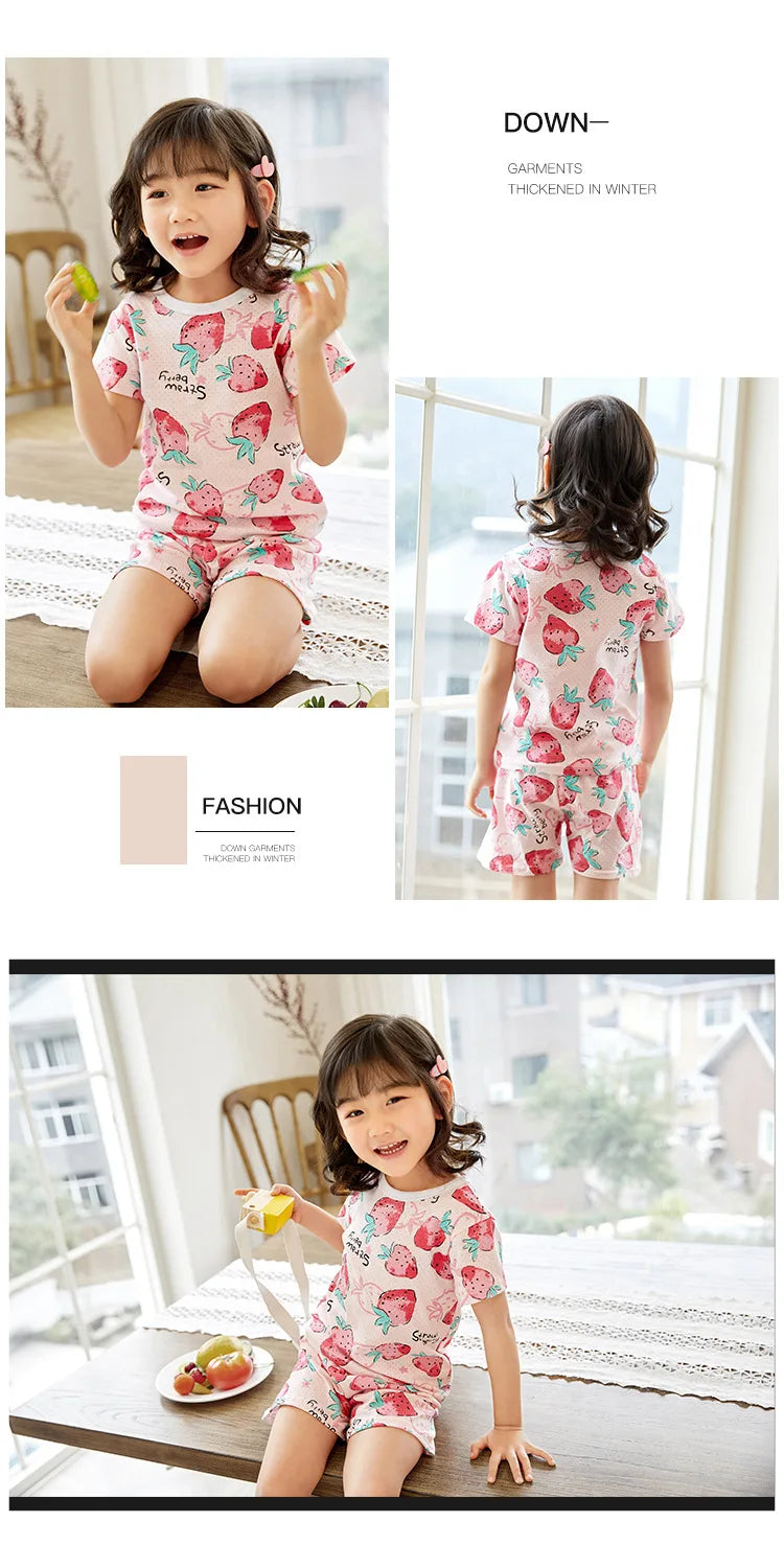 4 6 8 10Years Child Boy Girl Pajamas Cotton Sleepwear Tops Pants Clothing Sets for Teens Girl Strawberry Pyjama Kids Cat Pijamas