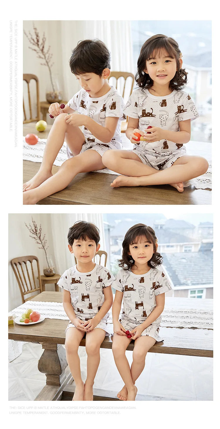 4 6 8 10Years Child Boy Girl Pajamas Cotton Sleepwear Tops Pants Clothing Sets for Teens Girl Strawberry Pyjama Kids Cat Pijamas