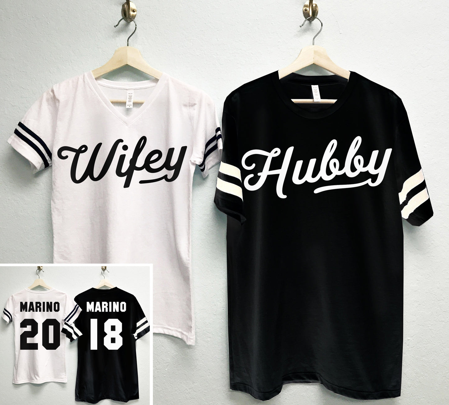 Conjunto de camisetas HUBBY &amp; WIFEY con nombres y números personalizados