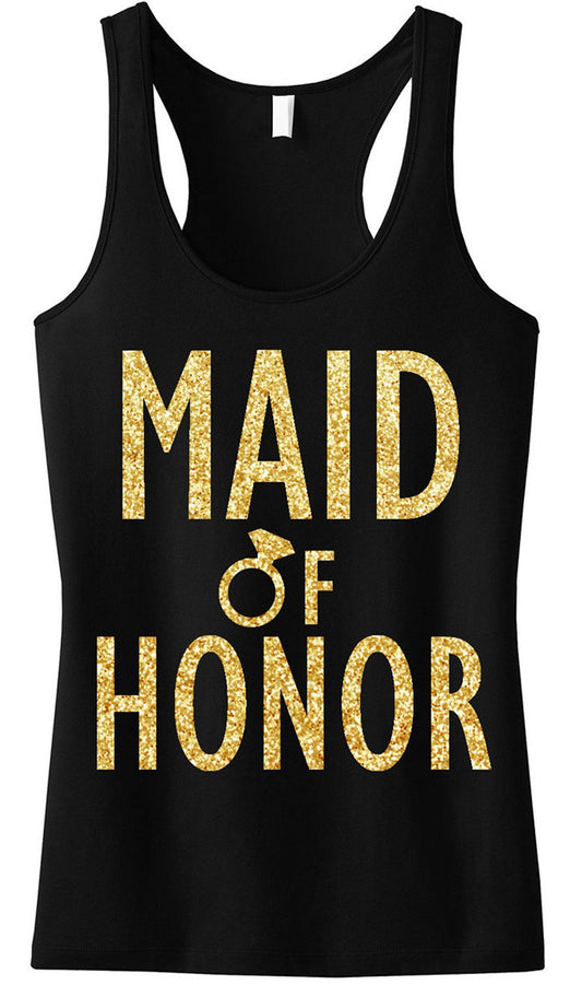 Camiseta sin mangas dorada con purpurina de MAID of HONOR