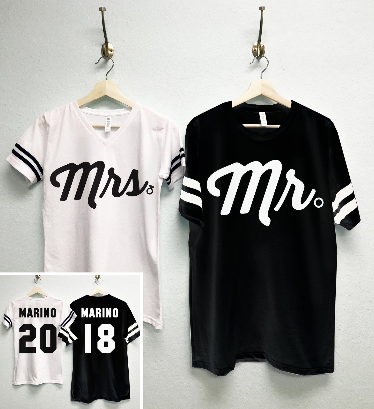 MRS Bride Shirt + MR Groom Tees CUSTOM Names & Numbers Shirts Set