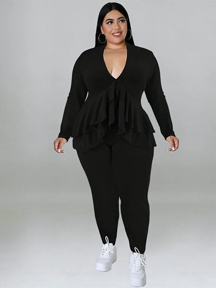 Plus Size Damenbekleidung Schickes und elegantes Hosenanzug-Set Zweiteilige Sets Mantel Rüschen Blazer-Sets Großhandel Groß Dropshipping