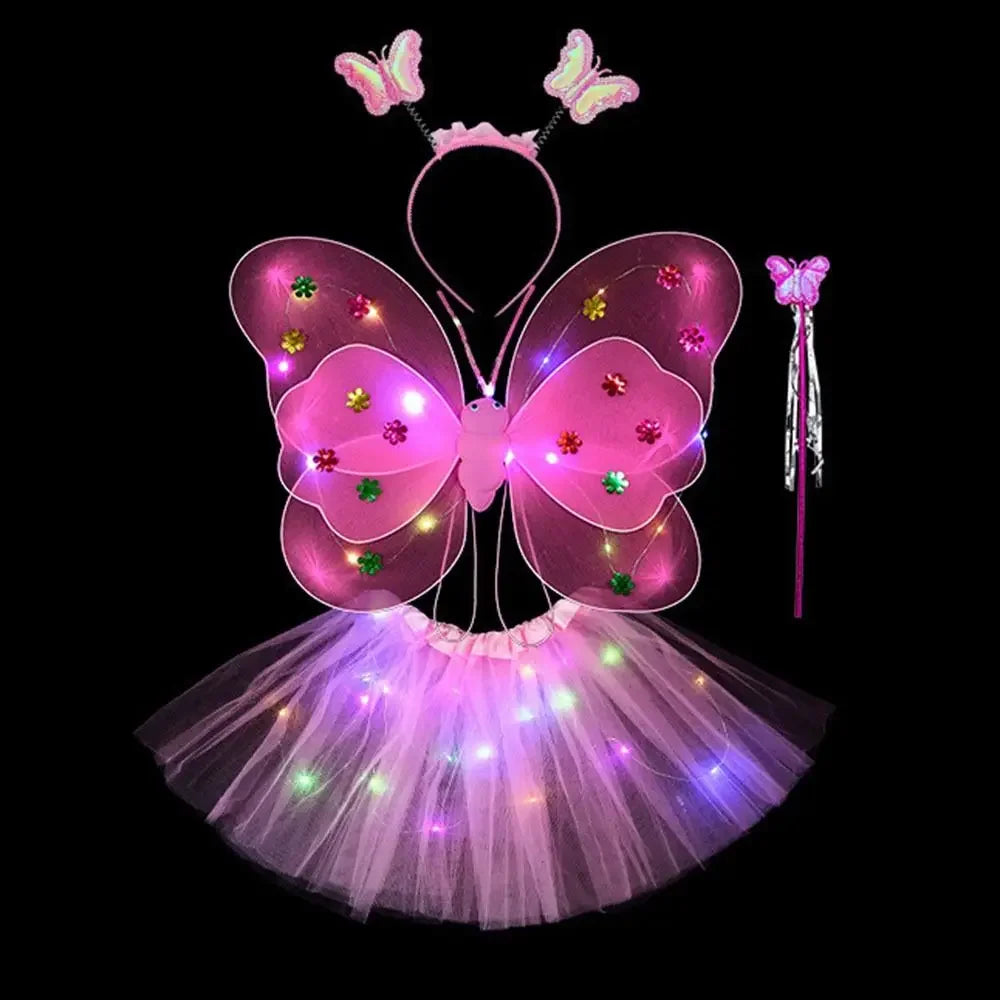 4PCS Kids Butterfly Luminous Wings, Sequin Tutu Skirt , Wand, Headband Set Girls Birthday Party Dress Up Baby Shower Costume