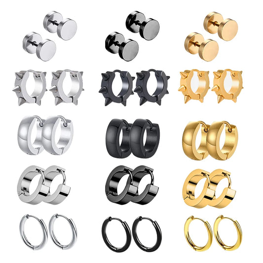 1 Pairs Multi Types Unisex Black Gold Color Stainless Steel Earring