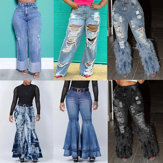 Plus Size Casual Denim Hollowed Out Wide Leg Pants Ripped Jeans