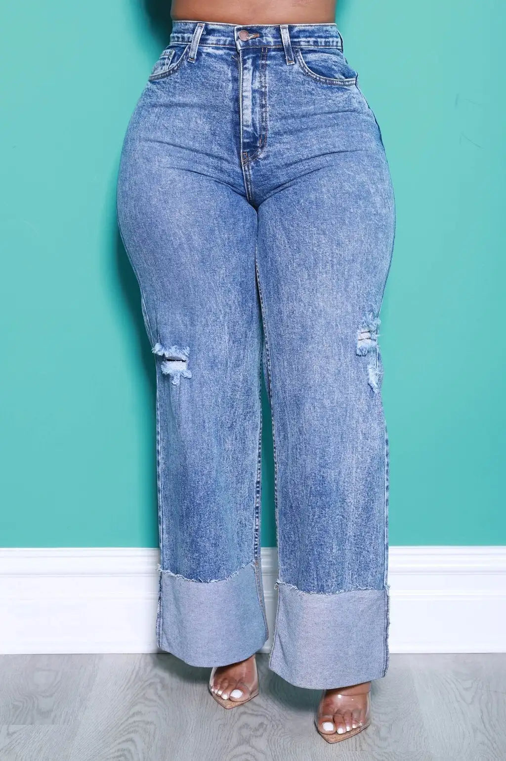 Plus Size Casual Denim Hollowed Out Wide Leg Pants Ripped Jeans