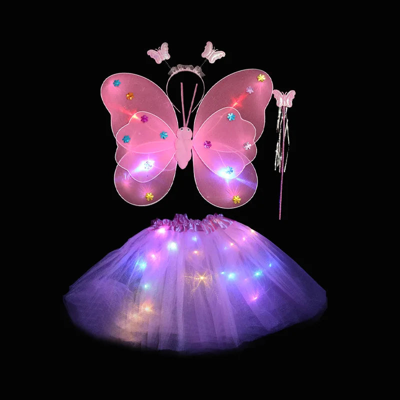 4PCS Kids Butterfly Luminous Wings, Sequin Tutu Skirt , Wand, Headband Set Girls Birthday Party Dress Up Baby Shower Costume