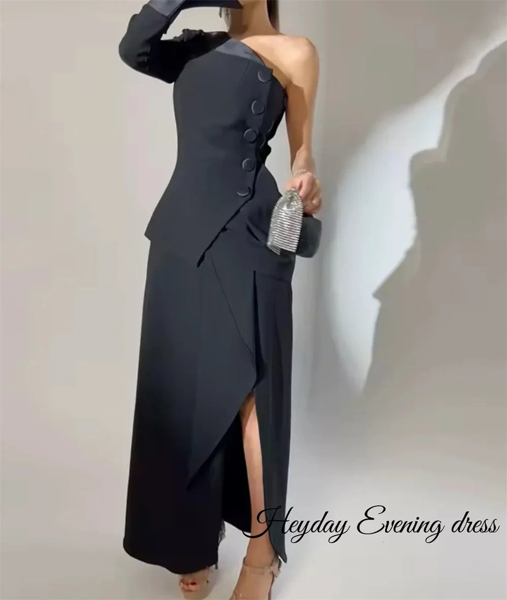 Heyday One Shoulder Customized Formal Party Dress Saudi Long Elegant Button Crepe Ankle Length Evening Dresses Luxury 2024