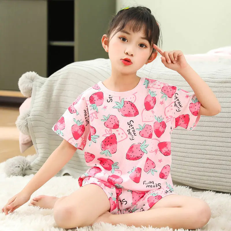 4 6 8 10Years Child Boy Girl Pajamas Cotton Sleepwear Tops Pants Clothing Sets for Teens Girl Strawberry Pyjama Kids Cat Pijamas