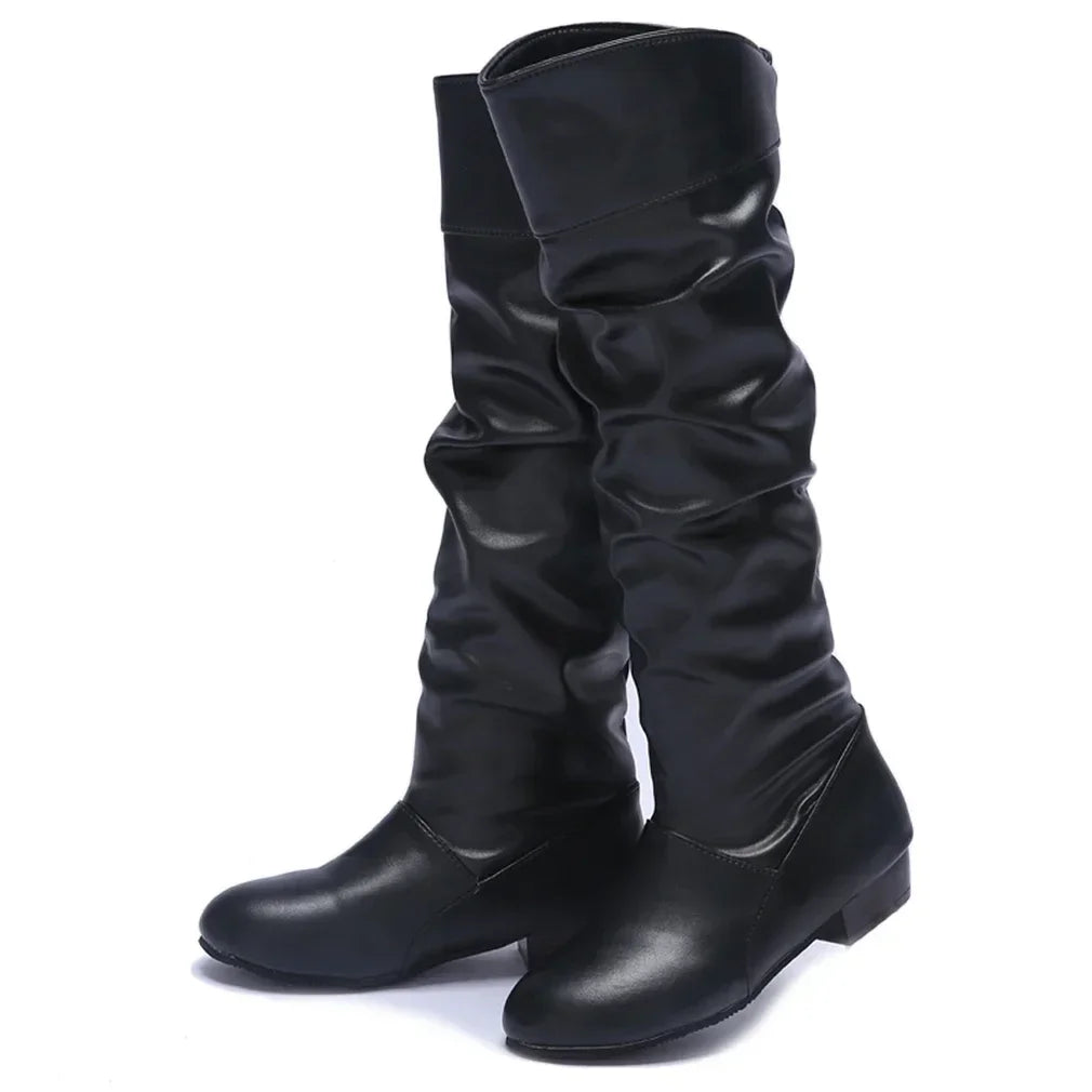 Kniehohe Stiefel aus Leder und PU für Damen, modische, faltbare Schlupfstiefel für den Winter, lässige Stiefel mit niedrigem Absatz, weiß/schwarz, lange, schmale Stiefel für Damen