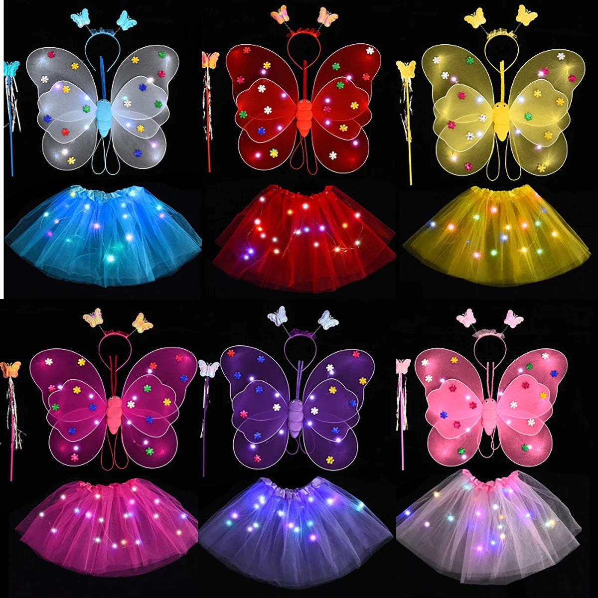 4PCS Kids Butterfly Luminous Wings, Sequin Tutu Skirt , Wand, Headband Set Girls Birthday Party Dress Up Baby Shower Costume