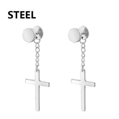 2pc Stainless Steel Men Cross Stars Punk Dangle Earrings Gothic Woman