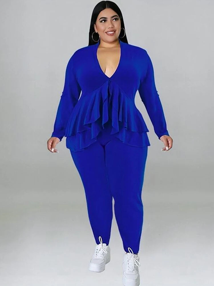 Plus Size Damenbekleidung Schickes und elegantes Hosenanzug-Set Zweiteilige Sets Mantel Rüschen Blazer-Sets Großhandel Groß Dropshipping