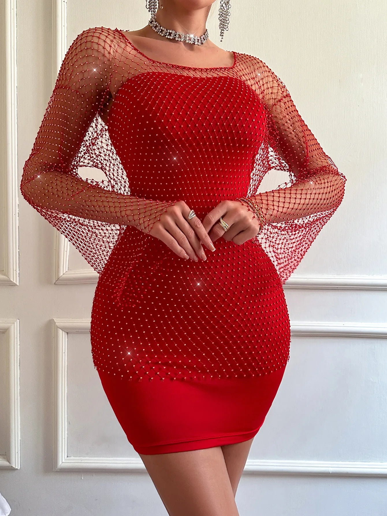 Sexy see through Rhinestone summer dress women shiny fishnet club beach party dress vestido elegante long sleeve evening dresses