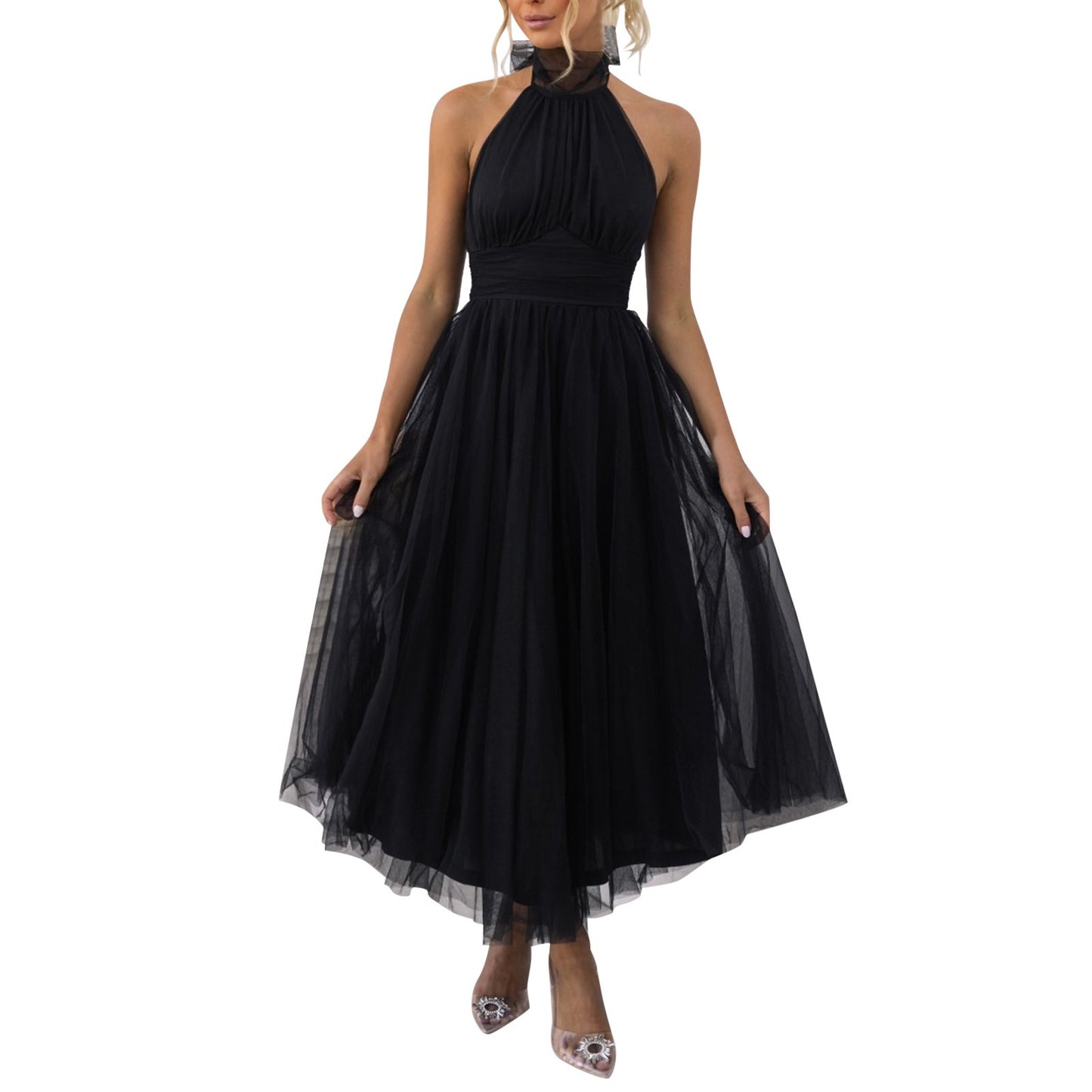 Sexy Neckholder-Partykleid für Damen, schulterfrei, rückenfreies Netzkleid, Plisseekleid, weiß, Vestidos, formelle Hochzeit, langes Kleid