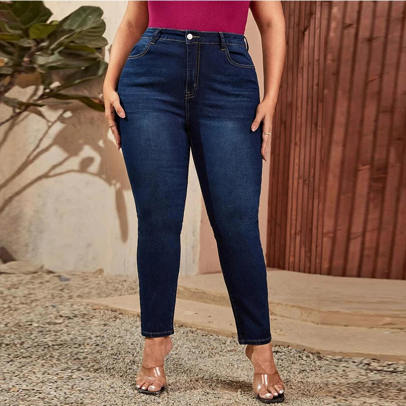 Mom-Jeans für Damen in Übergröße, hohe Taille, Übergrößen-Jeans, hochelastische Stretch-Jeans, 100 kg gewaschener Denim, Skinny-Bleistift-Jeanshose