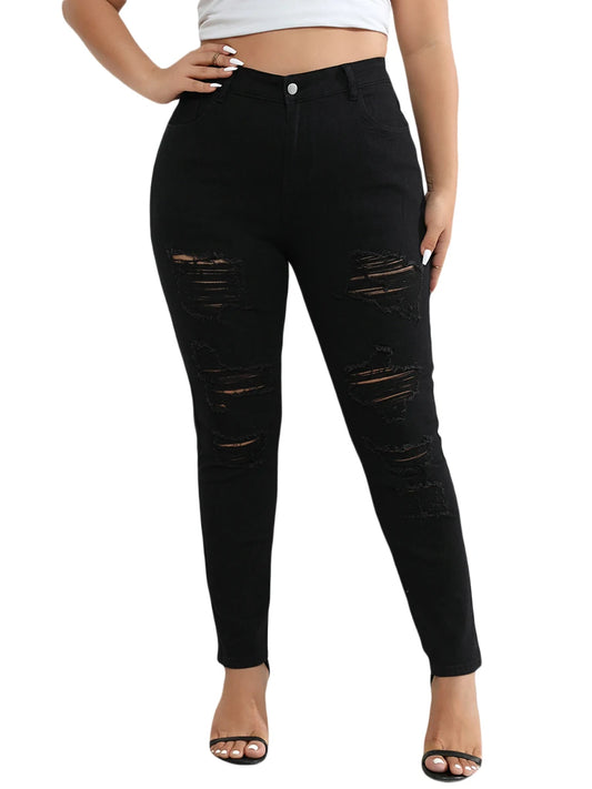 2025 Frühling Damen Übergröße Zerrissene Jeans Einfarbig Mid Rise Skinny Stretch Denim Hose Lässige Jeggings für den Alltag im Büro und bei Partys