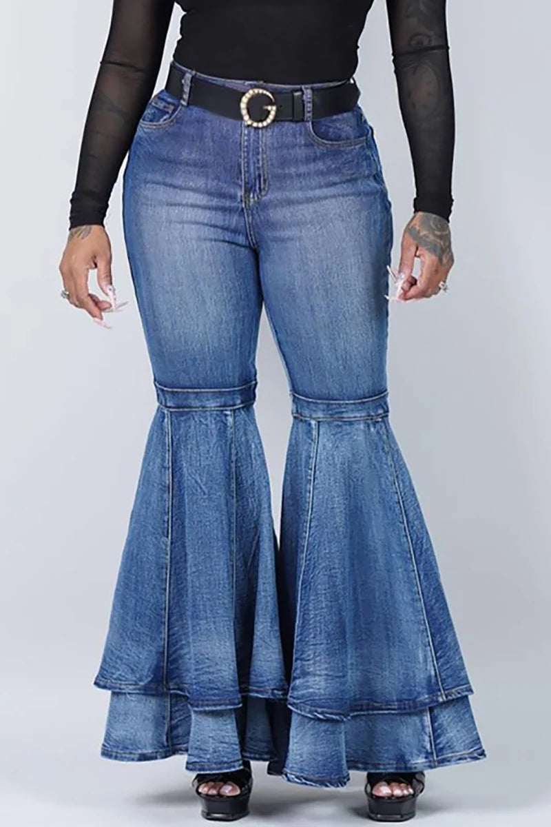 Plus Size Casual Denim Hollowed Out Wide Leg Pants Ripped Jeans