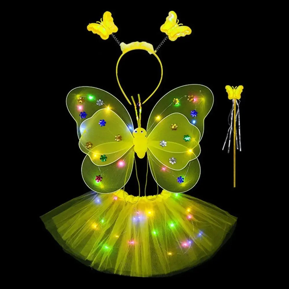 4PCS Kids Butterfly Luminous Wings, Sequin Tutu Skirt , Wand, Headband Set Girls Birthday Party Dress Up Baby Shower Costume